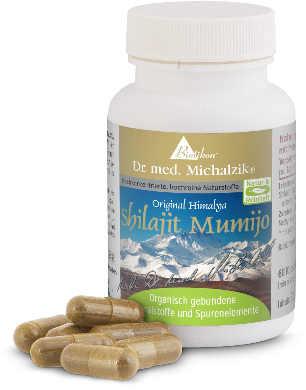 Shilajit Mumijo – 60 Capsule Shilajit Mumijo in capsule, 60 pezzi, contenitore bianco, capsule marroni, vista frontale.