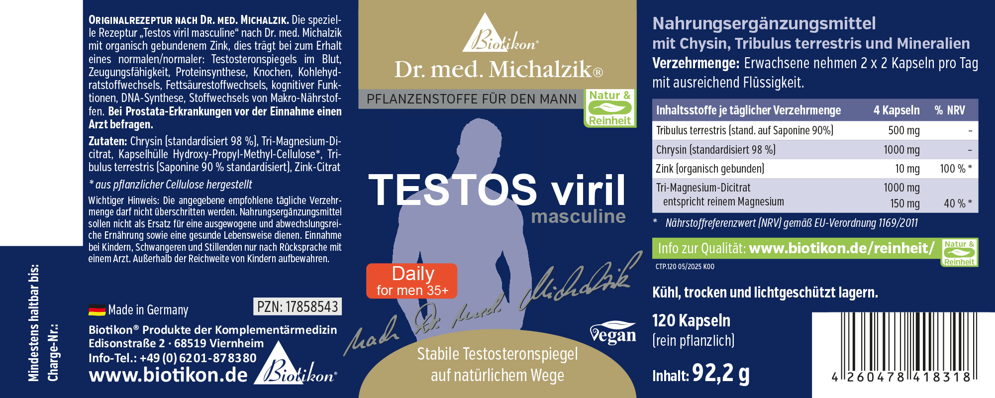 Testos Viril - 120 Capsule Integratore in confezione blu, 120 capsule vegane, supporta i livelli di testosterone sani.