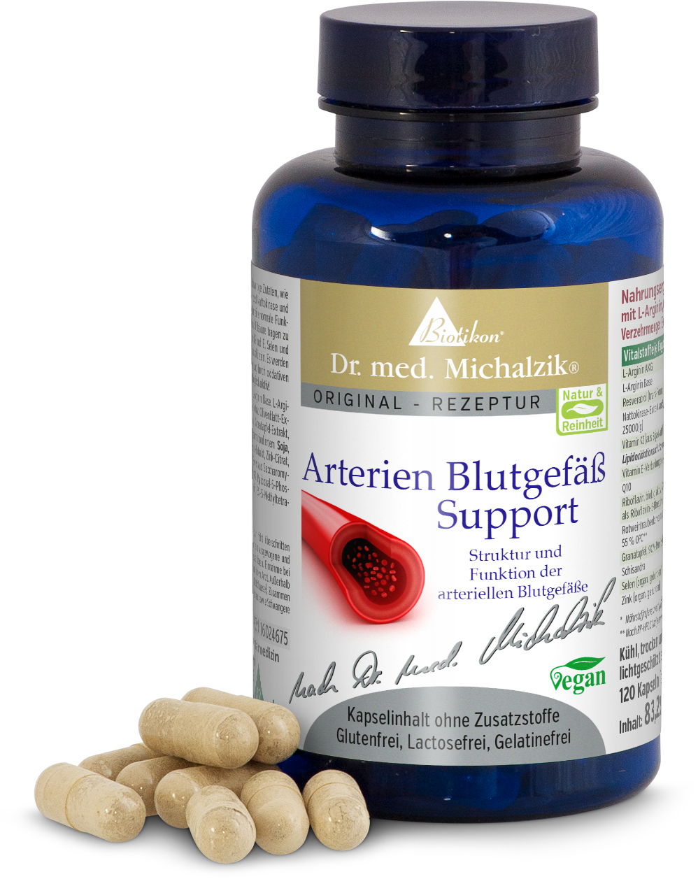 Capsule di supporto per le arterie – 120 pezzi Capsule trasparenti in bottiglia blu, 120 pezzi, descrizione del prodotto visibile.