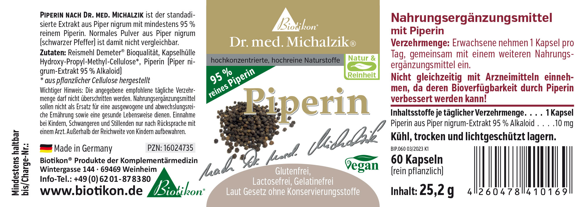 Piperina 10 mg – 60 Capsule Capsule di piperina in confezione nera, 60 pezzi, vegane, ingredienti chiaramente visibili.