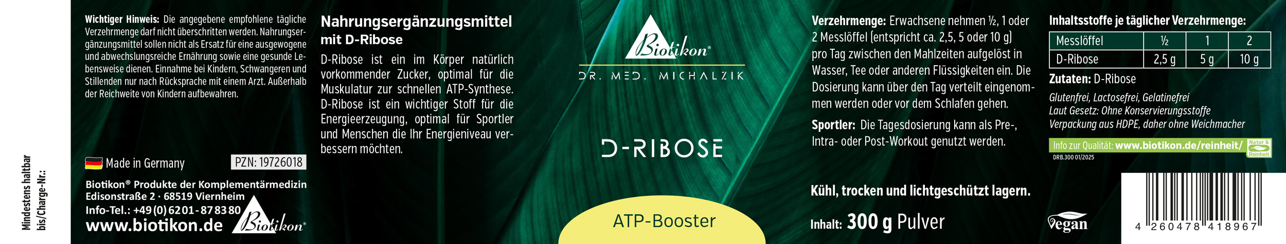 D-Ribosio 300g – Integratore in Polvere Integratore D-Ribosio in polvere da 300g, confezione verde scuro, vista laterale.