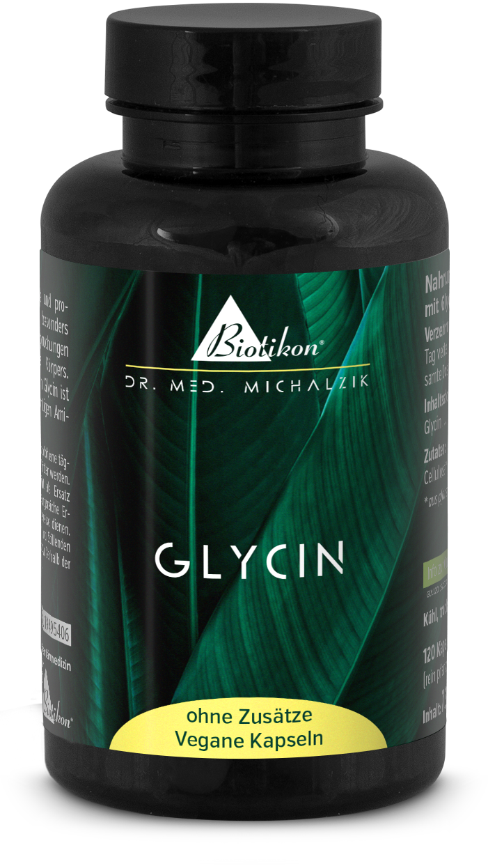 Glicina – 120 Capsule Vegane Glicina in una bottiglia nera, 120 capsule vegane, senza additivi, confezione verde.