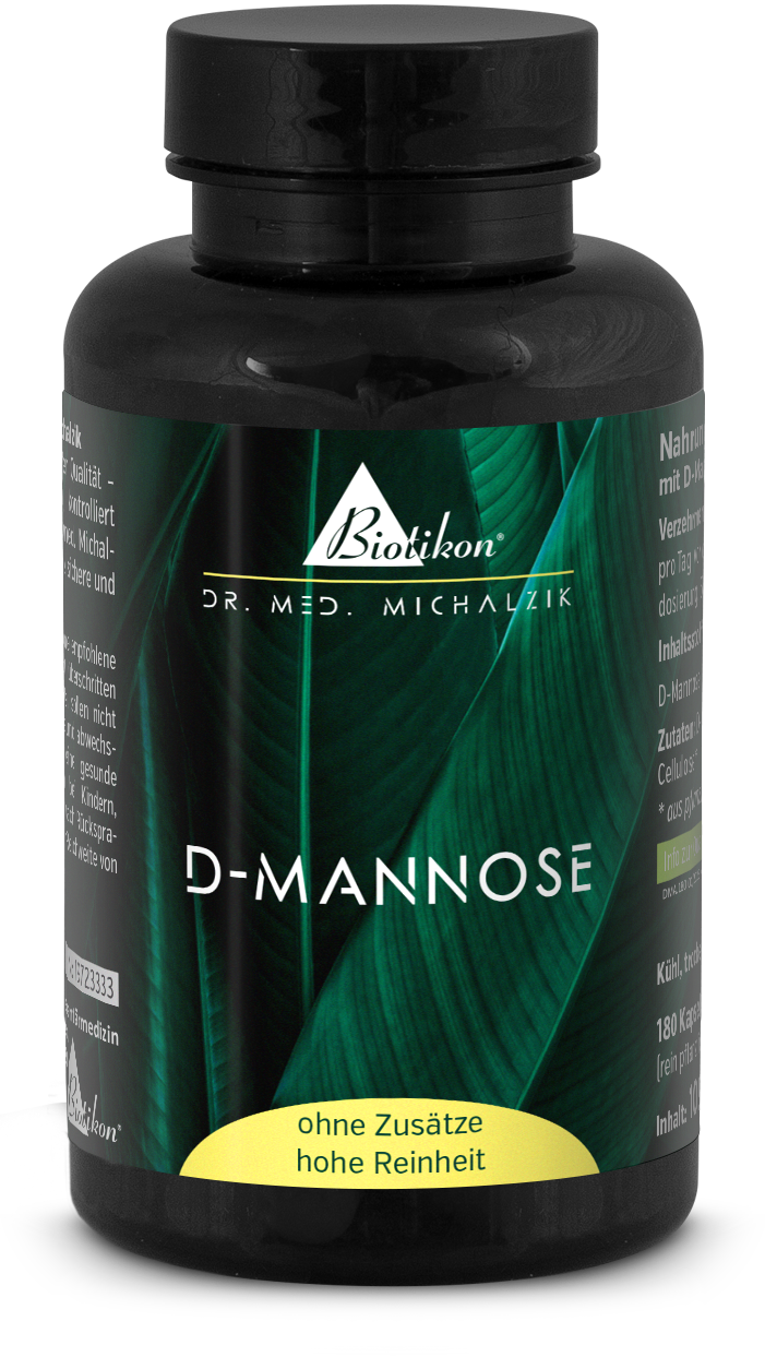D-Mannose 180 Capsule – Senza Additivi Integratore alimentare D-Mannose in una bottiglia nera, 180 capsule, con un design di foglia verde.