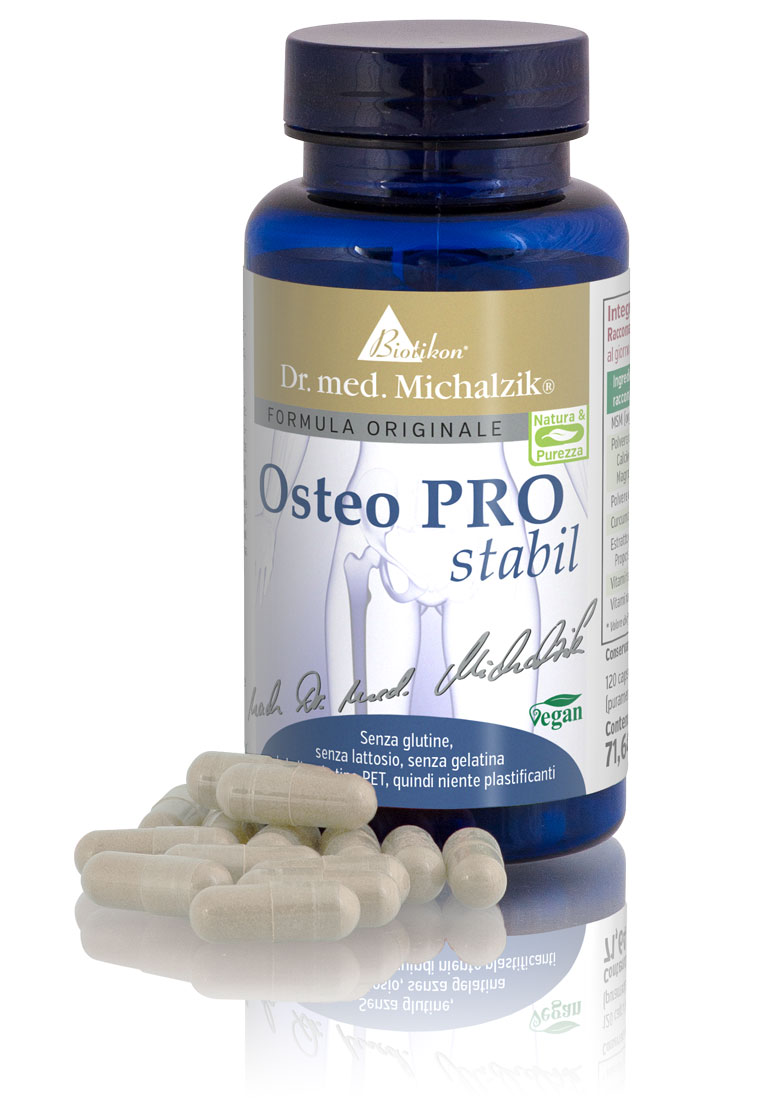 Osteo PRO Stabil – 120 Capsule Capsule Osteo PRO Stabil in bottiglia blu, 120 pezzi, vegane e senza glutine.