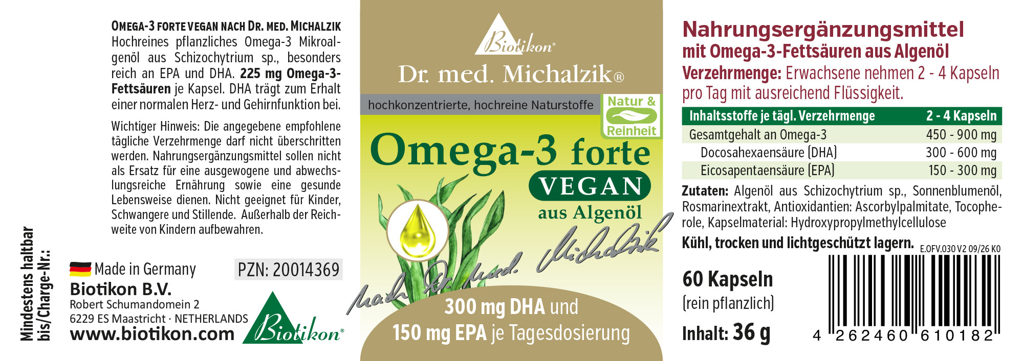 Omega-3 forte vegan Original secondo Dr. med. Michalzik - Etichetta 30 capsule Omega-3 forte vegan Original secondo Dr. med. Michalzik - Etichetta 30 capsule