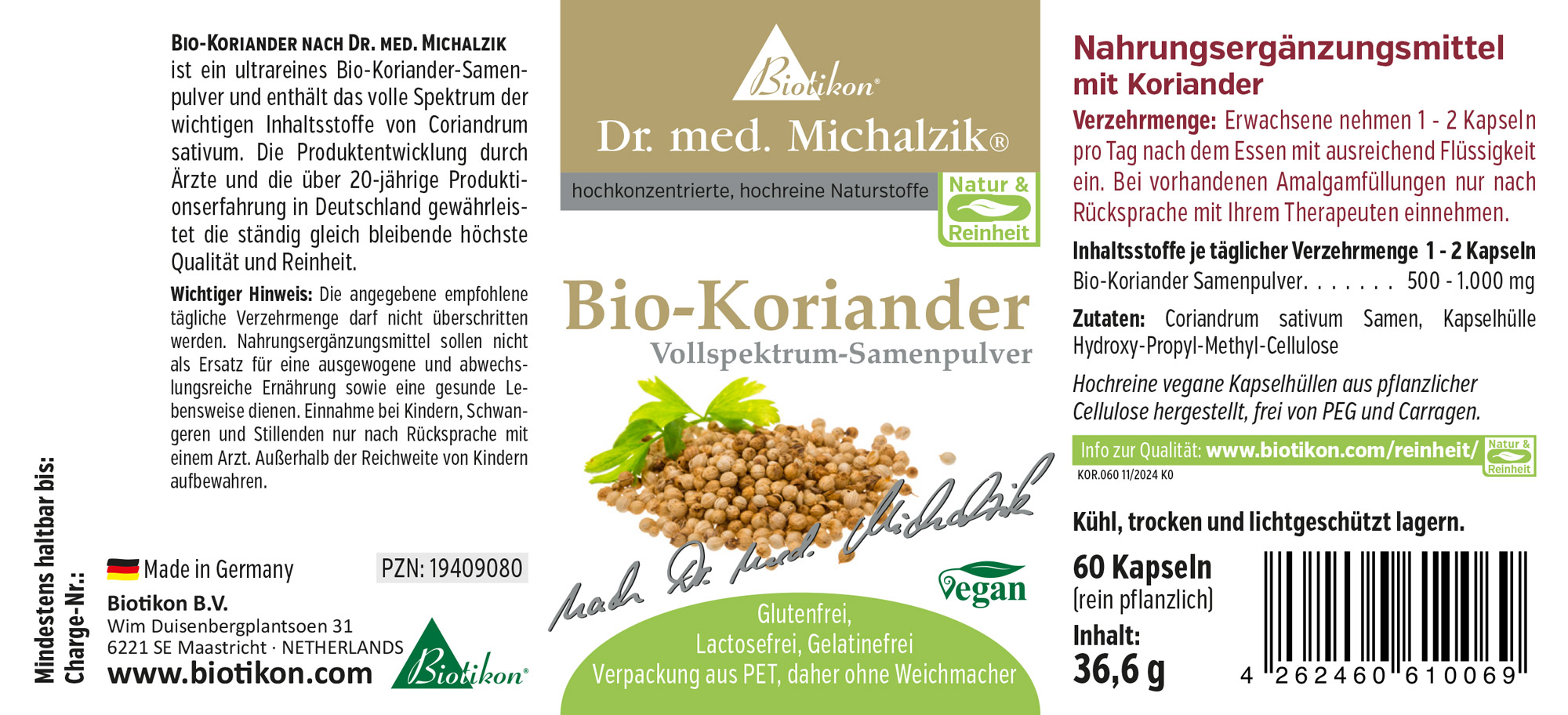 Coriandolo Biologico 500 mg - Polvere di Semi a Spettro Completo Polvere di semi di coriandolo biologico in capsule, 60 pezzi, confezione verde, vista del prodotto