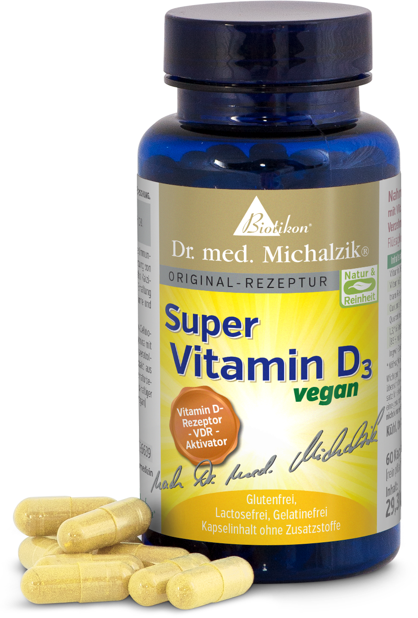 Vitamina D3 2000 UI – Capsule Bottiglia con capsule di vitamina D3, 60 pezzi, capsule gialle, formula vegana, vista frontale.