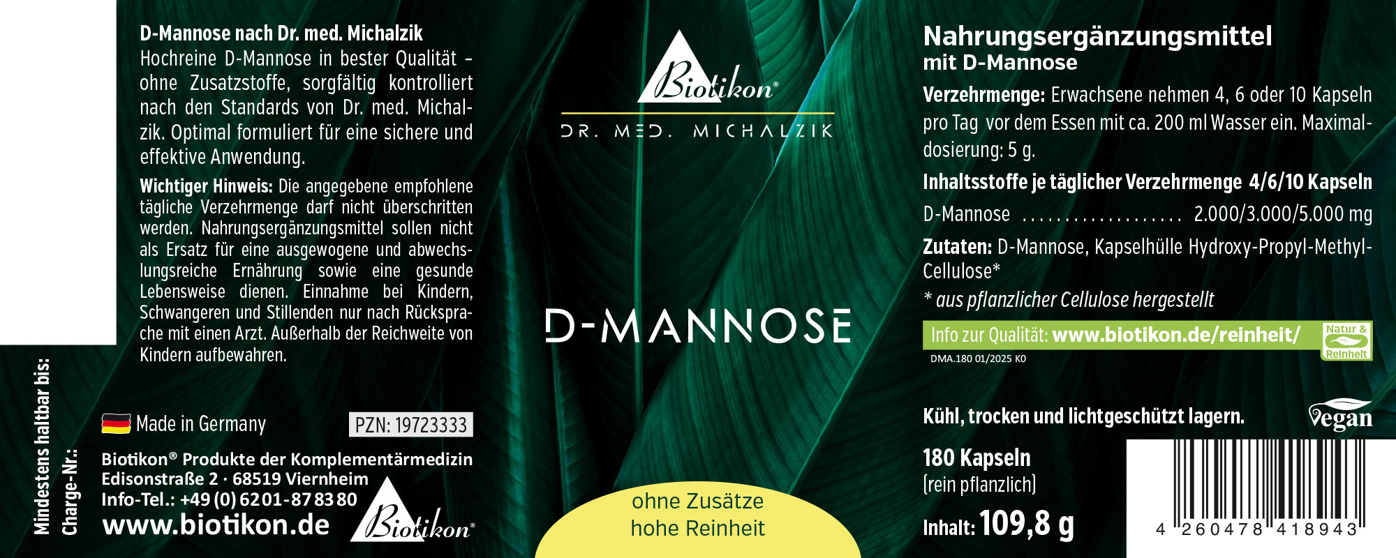D-Mannose 5000 mg – 180 Capsule Integratore alimentare D-Mannose in confezione verde scuro, contiene 180 capsule, vegetale.