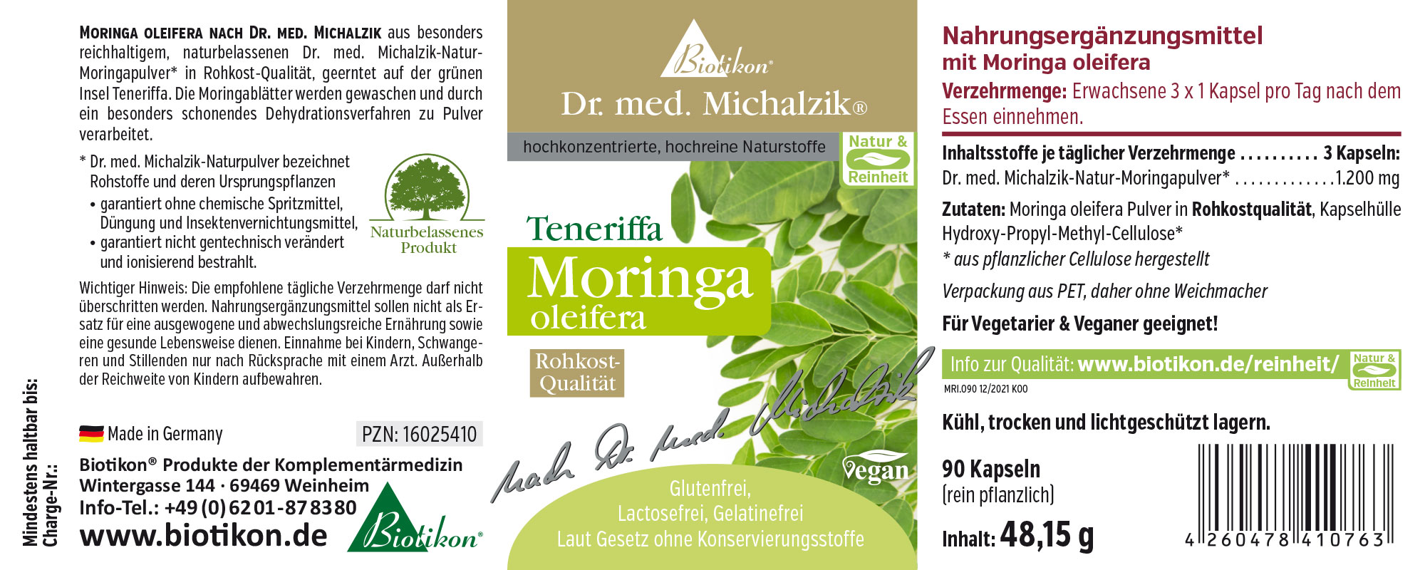 Moringa Oleifera - 90 Capsule Integratore alimentare Moringa Oleifera, 90 capsule verdi in contenitore PET, qualità cruda.