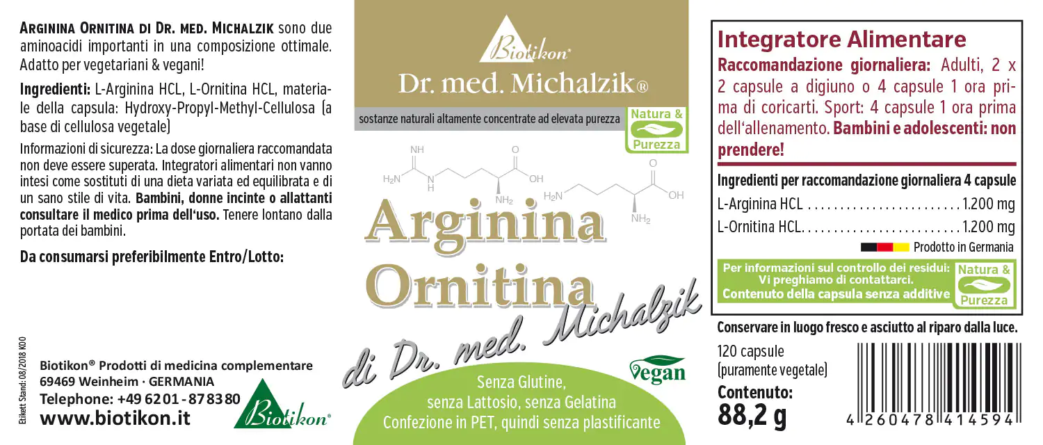 Arginina Ornitina 1200 mg – Capsule Arginina Ornitina in capsule vegane, 120 pezzi, confezione verde, vista laterale.