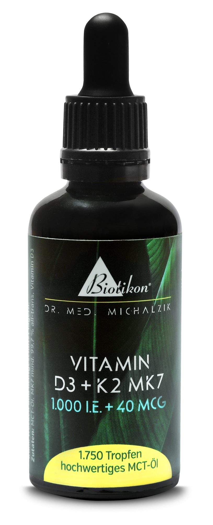 Gocce di Vitamina D3 + K2 MK7 1000 I.E. Bottiglia con Vitamina D3 e K2 MK7, 1000 I.E. e 40 MCG, 1750 gocce, colore scuro, pipetta