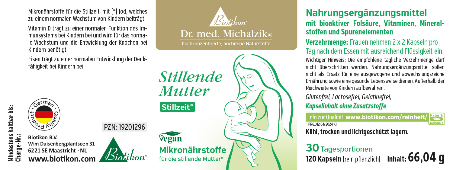 Micronutrienti per Madri In Allattamento - 120 Capsule Integratore per madri in allattamento, 120 capsule vegane, confezione dai colori tenui, con un'immagine di una madre con bambino sul davanti.