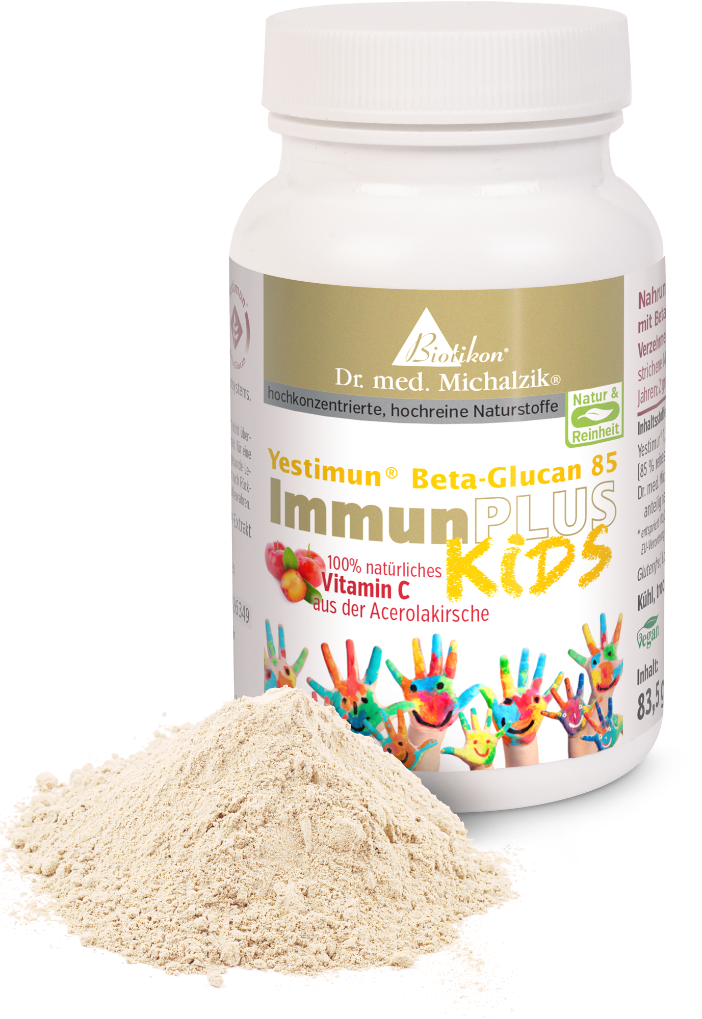 Polvere di vitamina C – 83,5 g Yestimun Beta-Glucan 85 polvere di vitamina C in barattolo bianco con decorazione a mano colorata, 83,5 g.