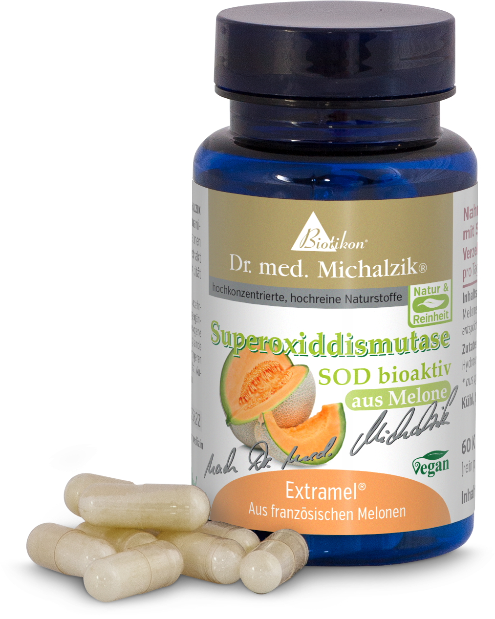 Superossido Dismutasi 60 Capsule – Bioattivo da Melone Bottiglia con 60 capsule di superossido dismutasi, capsule beige chiaro, confezione blu, vista frontale, vegan.