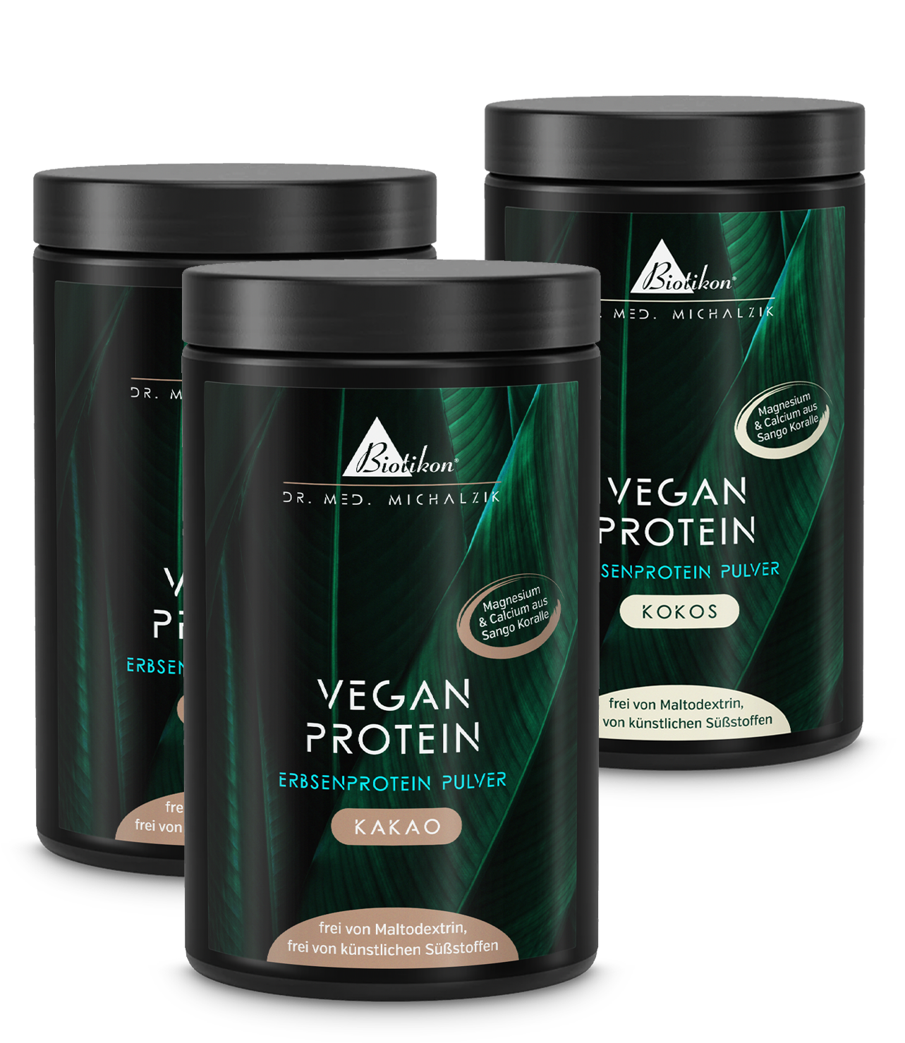 Tre barattoli di polvere di proteine vegetali nei gusti cacao e cocco, 300 g ciascuno, in confezione bianca.