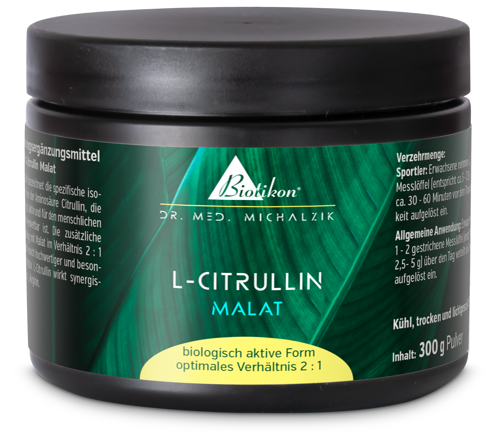 Malato di L-Citrullina – Polvere da 300 g Contenitore nero con Malato di L-Citrullina, polvere da 300 g, confezione verde, vista frontale.