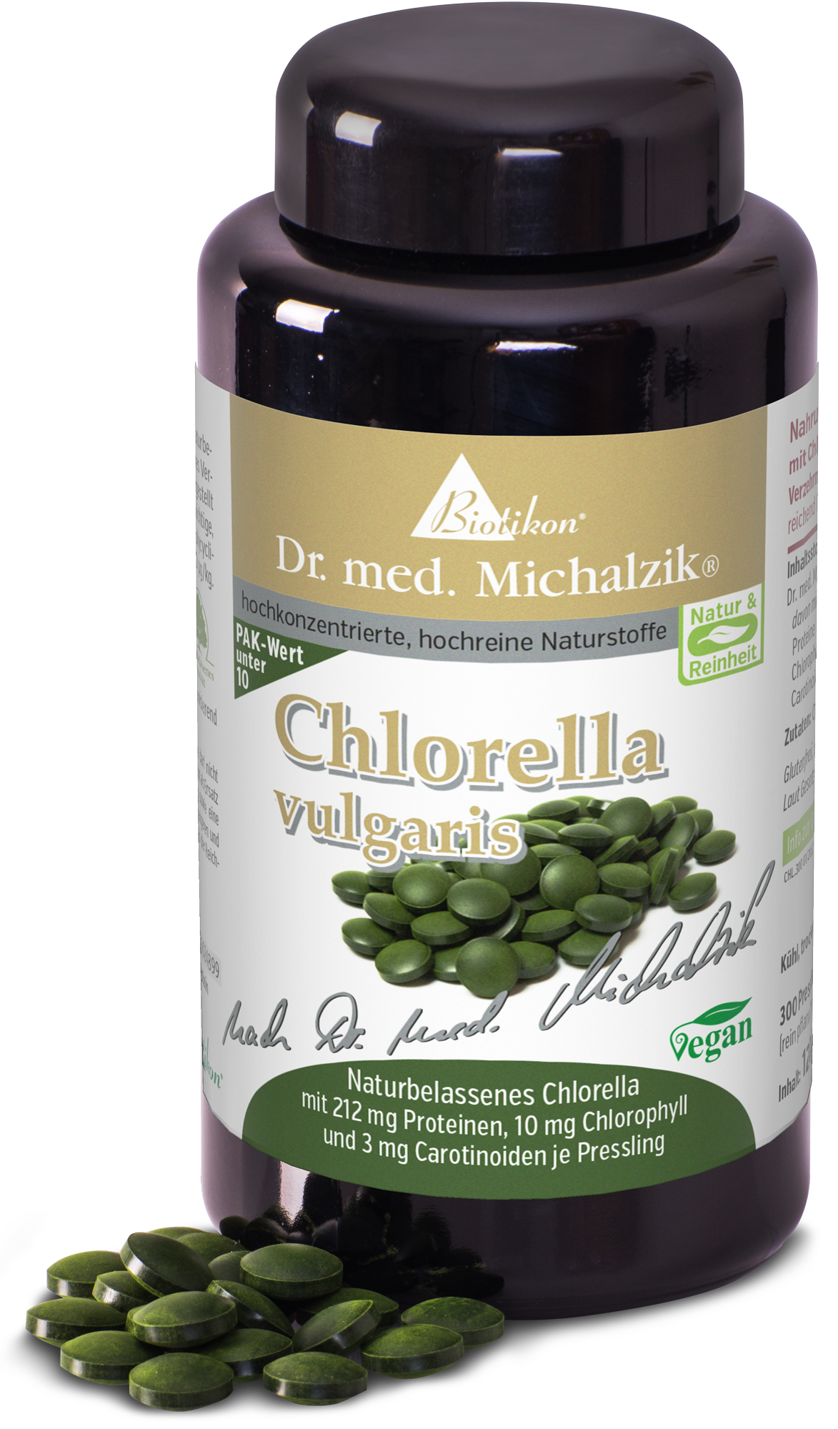Chlorella Vulgaris – 300 Compresse Bottiglia di compresse di Chlorella Vulgaris, 300 pezzi, colore verde, vista frontale.