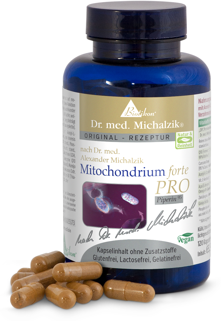 Mitochondrium forte PRO – 120 Capsule Mitochondrium forte PRO in bottiglia blu, 120 capsule, vegano, senza additivi, capsule marroni in primo piano.