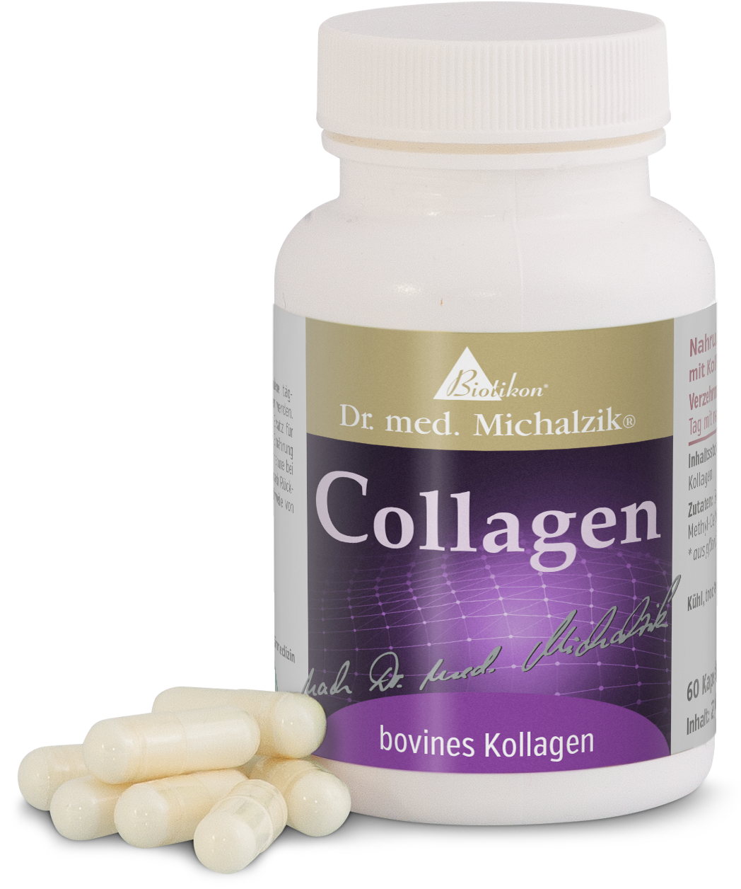 Collagene bovino 90 capsule – Integratore alimentare Collagene bovino in capsule bianche, 90 pezzi in bottiglia di plastica con etichetta viola.