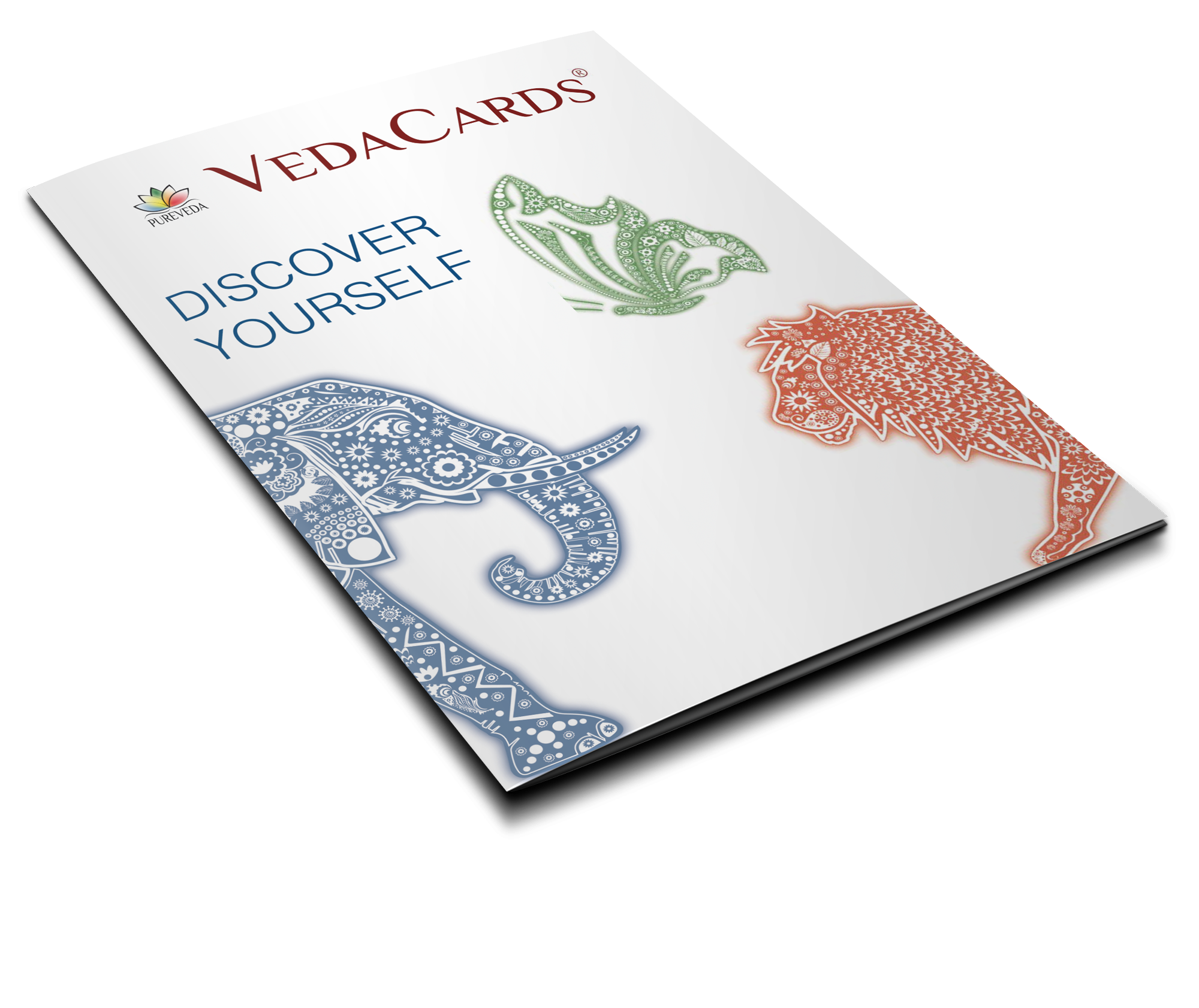 VedaCards – Scopri te stesso Copertina del prodotto VedaCards con motivi colorati e artistici di un elefante e di un leone.