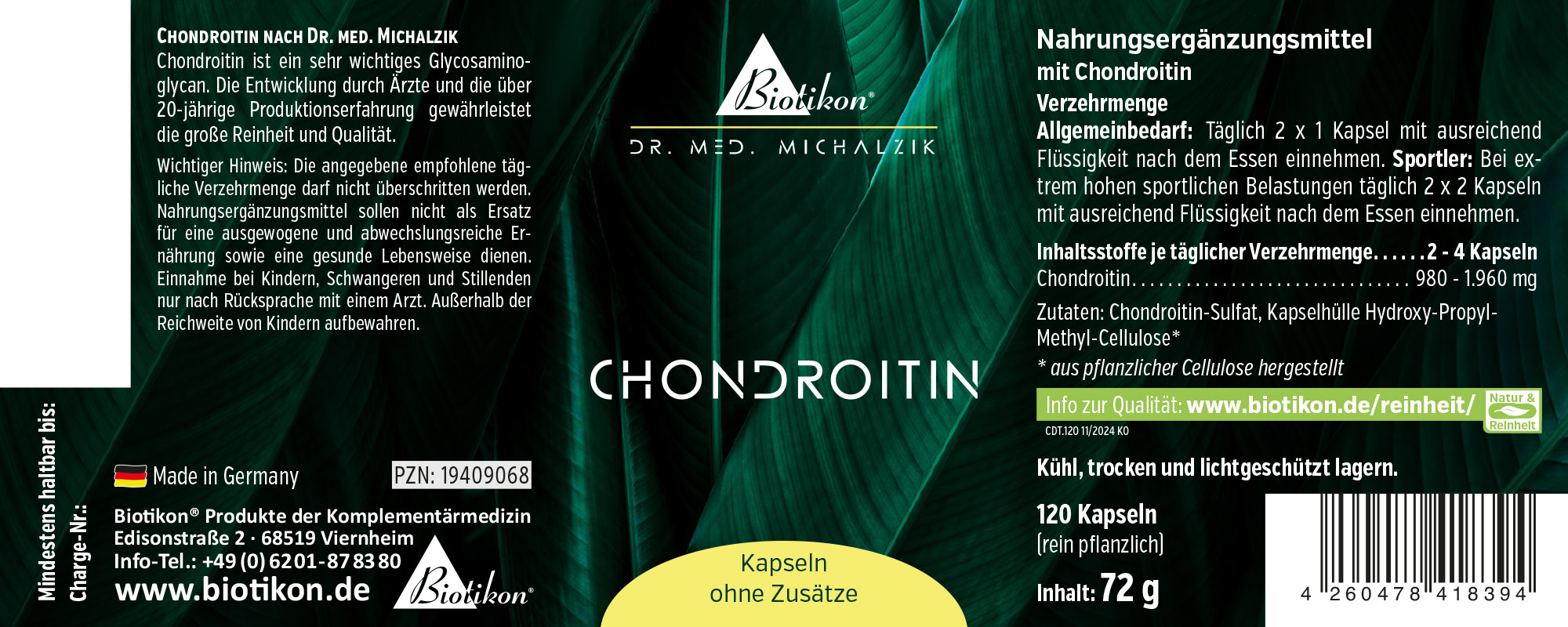 Condroitina 120 Capsule - Integratore Alimentare Integratore di condroitina in confezione nera con foglie verdi, 120 capsule, vegetali, vista frontale.
