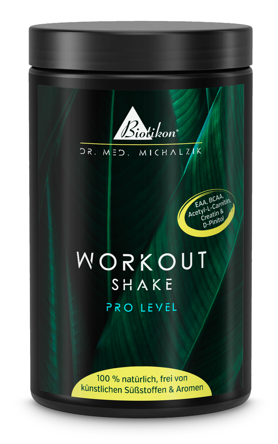 Shake per Allenamento – Livello Pro Contenitore nero di shake per allenamento, 100% naturale, 500 g, vista frontale