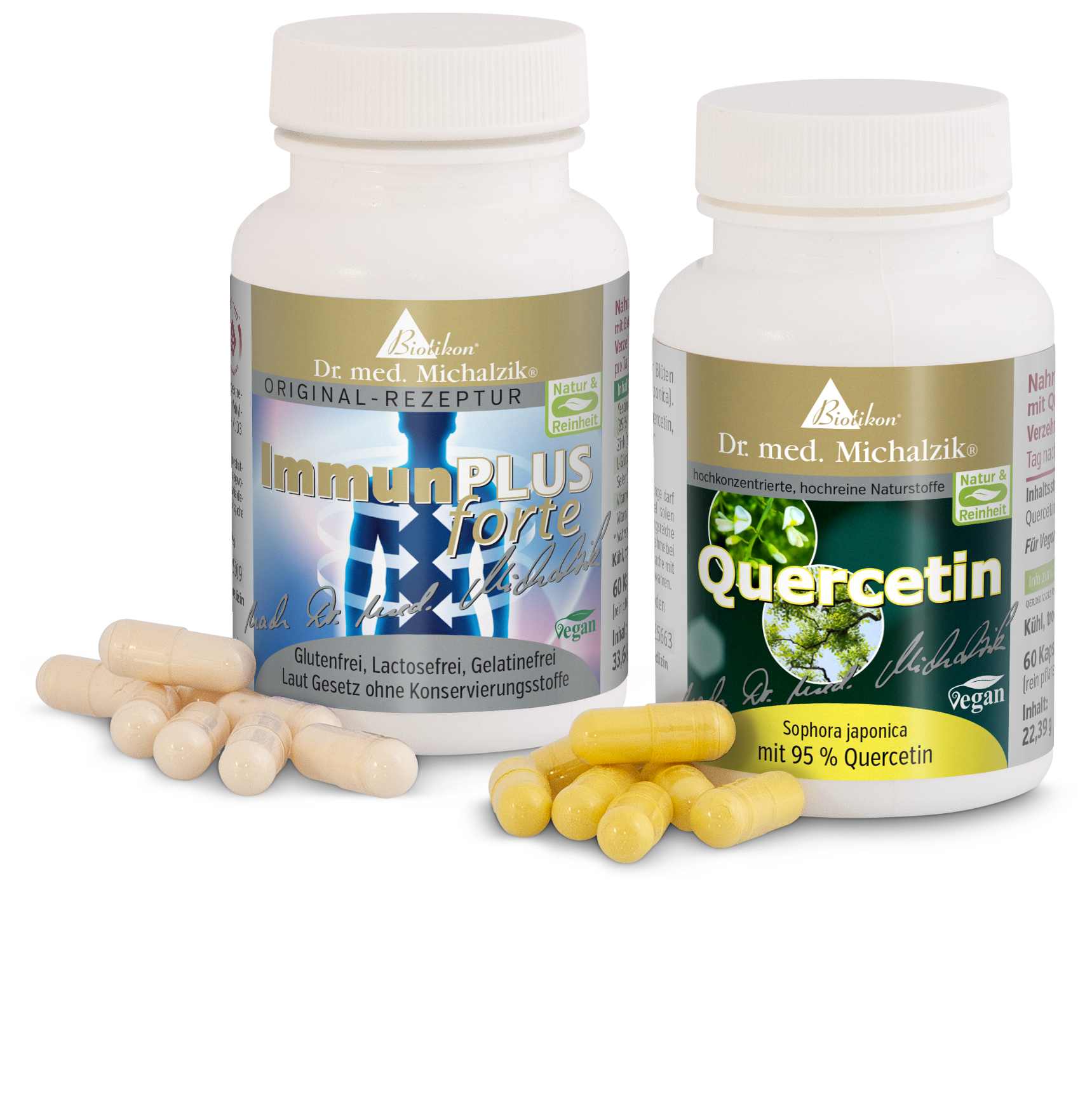 ImmunPLUS Forte - 60 Capsule, Integratore Alimentare Due bottiglie di integratori alimentari, ImmunPLUS Forte e Quercetina, con capsule gialle e trasparenti.