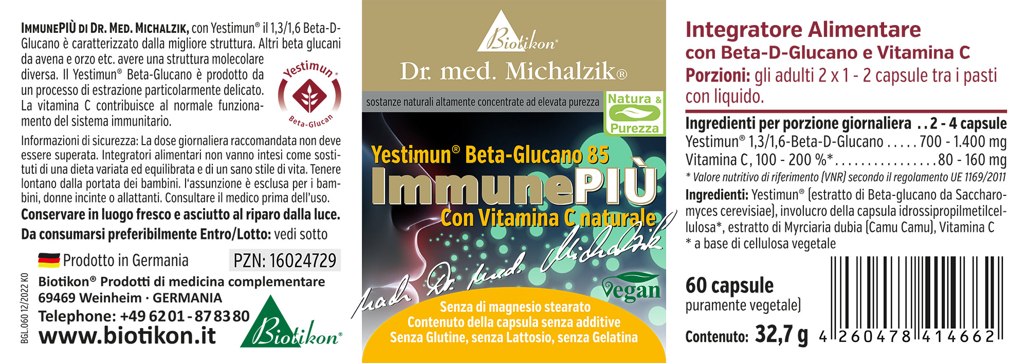 Beta-Glucano 700 mg – 60 Capsule 60 capsule di Beta-Glucano 1,3/1,6 con Vitamina C in un packaging vegano e puro, mostrato in prospettiva laterale.