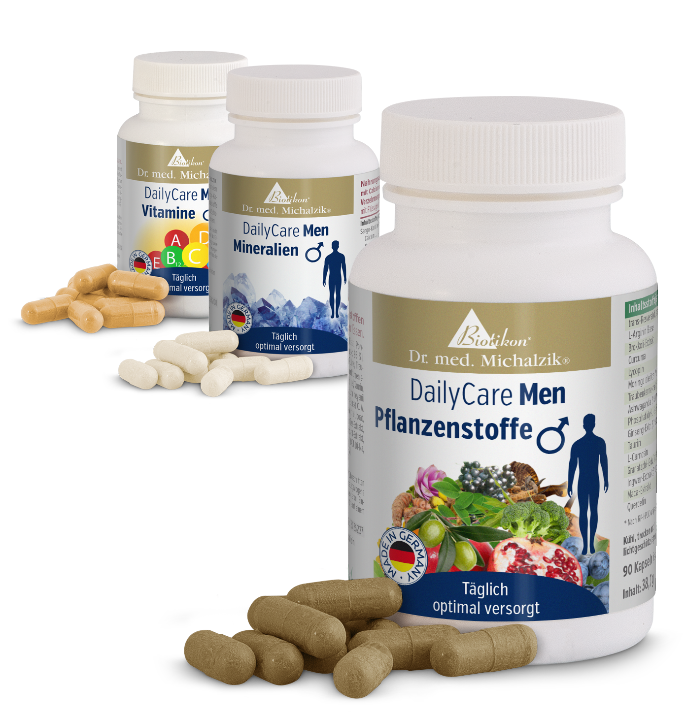 Pacchetto DailyCare Uomini con 3 Barattoli Tre integratori per uomini in capsule beige, bianche e marroni con ingredienti vari, confezione visibile.