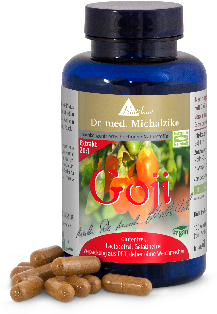 Estratto di Goji 20:1 – 100 Capsule Estratto di goji in confezione di capsule blu, 100 capsule, senza glutine, vegano