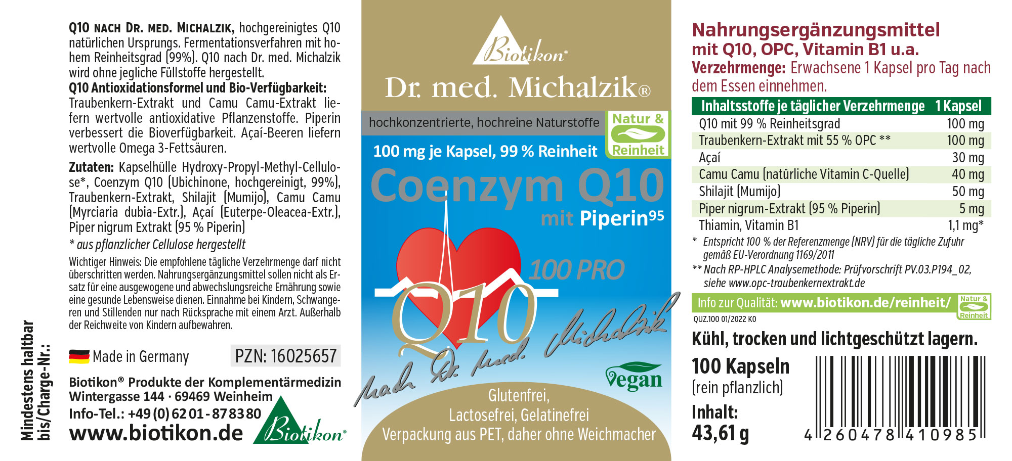 Coenzima Q10 100 mg - Capsule Coenzima Q10 in capsule, 100 mg per capsula, confezione da 100 capsule, design blu e bianco.