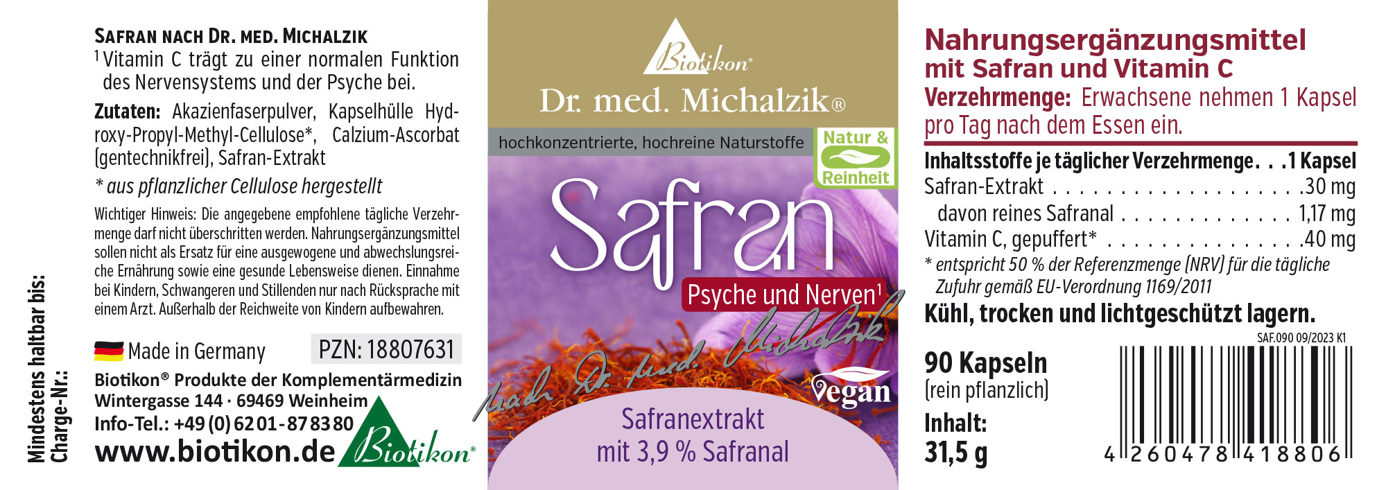Zafferano 30 mg - Capsule Integratore alimentare con zafferano e vitamina C, 90 capsule, confezione in design viola e bianco, vegano.