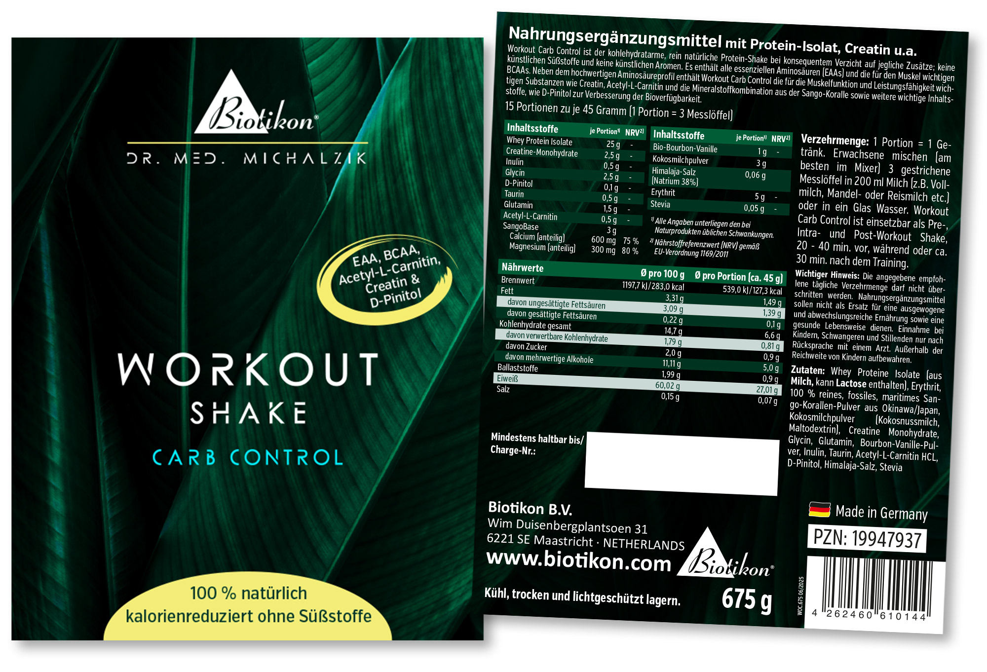 Workout Shake Controllo Carboidrati – 675 g Integratori in confezione da 675 g, forma in polvere, verdastra, per appassionati di fitness.