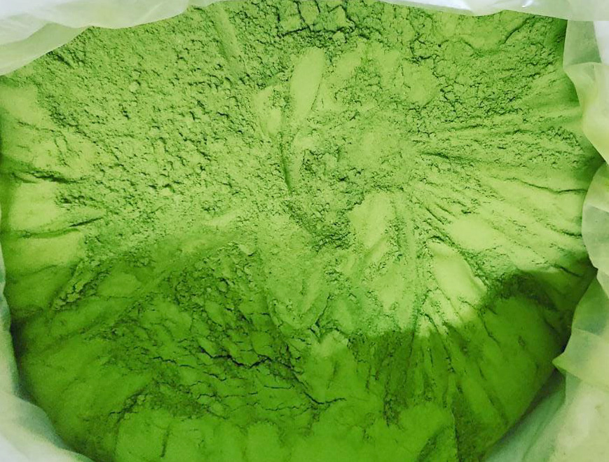 Polvere Superfood Verde – 250 g Polvere verde fine in un imballaggio, chiaramente visibile. La polvere ha un colore verde brillante e una consistenza uniforme.