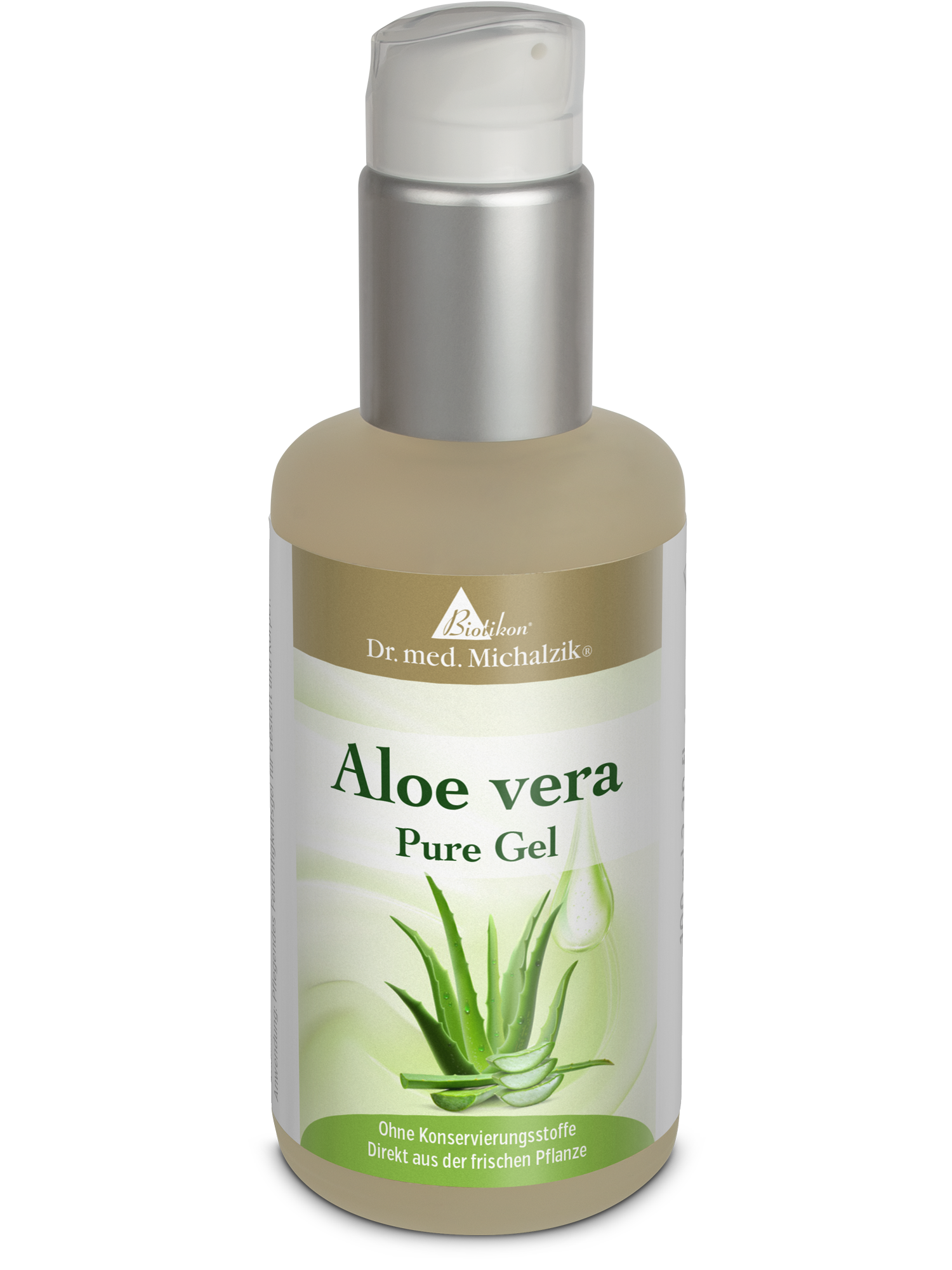 Gel Puro di Aloe Vera – 100 ml Gel puro di Aloe Vera in una bottiglia da 100 ml con erogatore, confezione trasparente e verde.