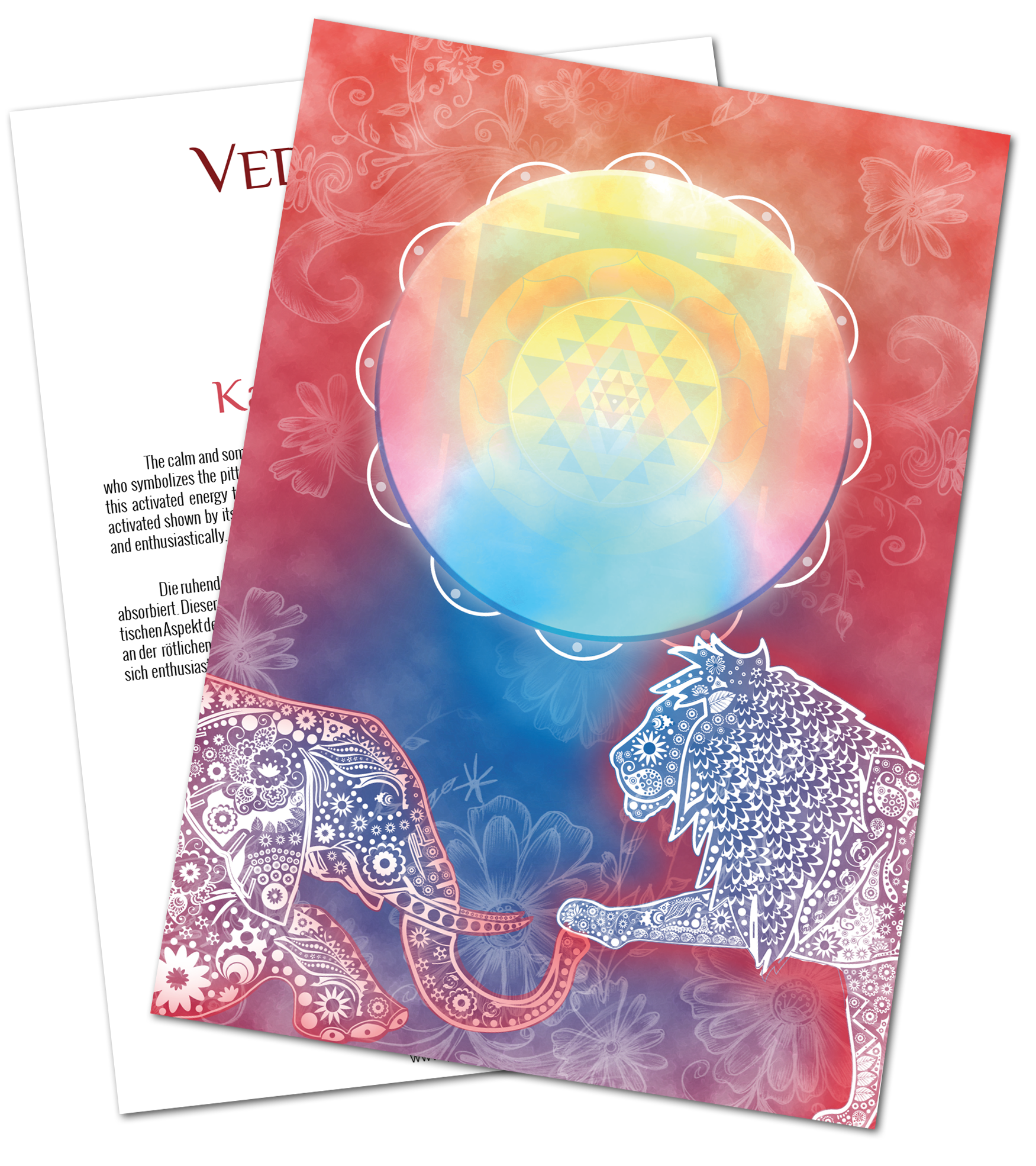 VedaCard Kapha - Design Mandala Colorato Carta mandala formato A4, con elefante e leone colorati, carta con motivo floreale.
