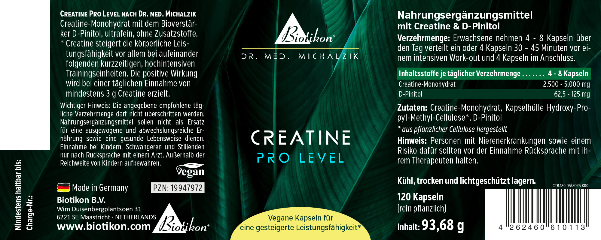 Creatina Pro Livello – 120 Capsule Capsule vegane con creatina monoidrato e D-Pinitol, 120 pezzi in confezione nera, vista frontale.