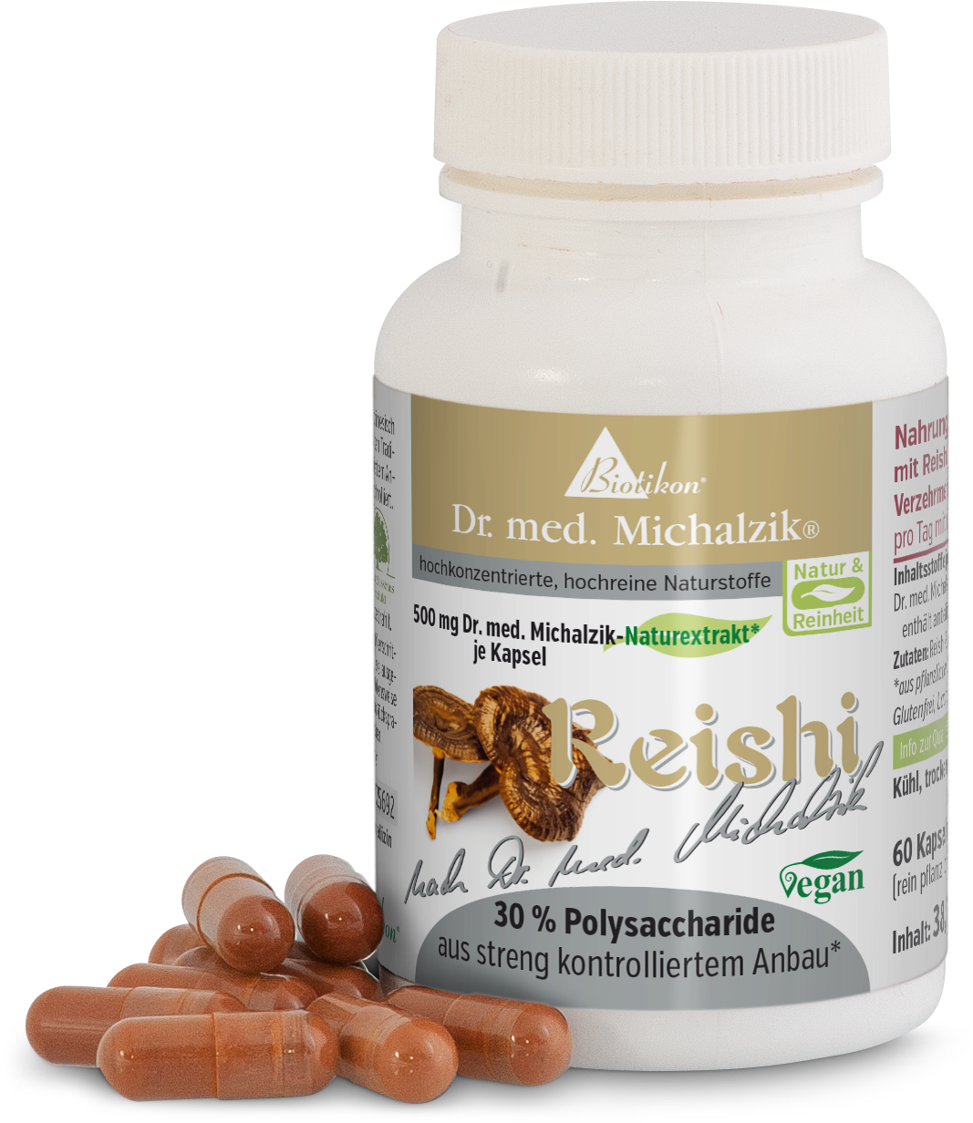 Capsule di Reishi 500 mg – 60 pezzi Capsule di Reishi in un contenitore trasparente, 500 mg per capsula, 60 capsule, capsule marroni su sfondo bianco.
