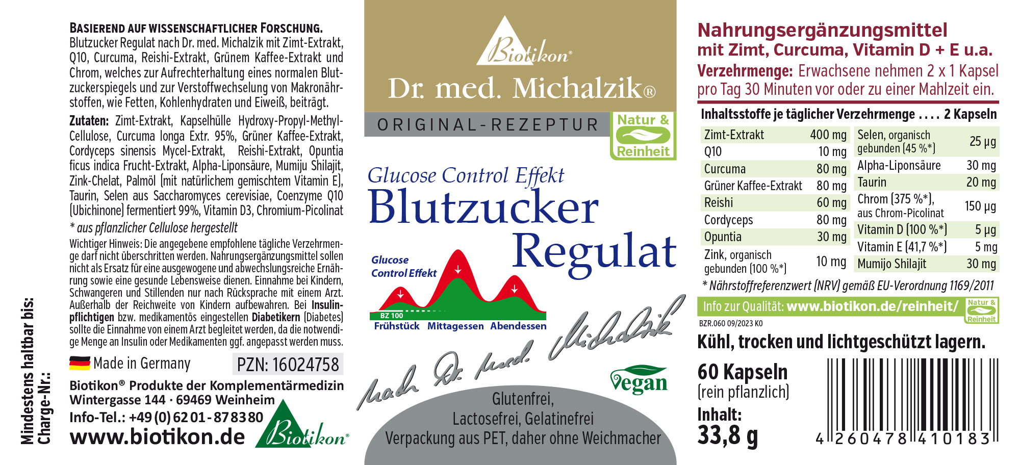 Regolatore di Zucchero nel Sangue – 60 Capsule Integratore Regolatore di Zucchero nel Sangue in confezione PET, 60 capsule, design verde, vista laterale.