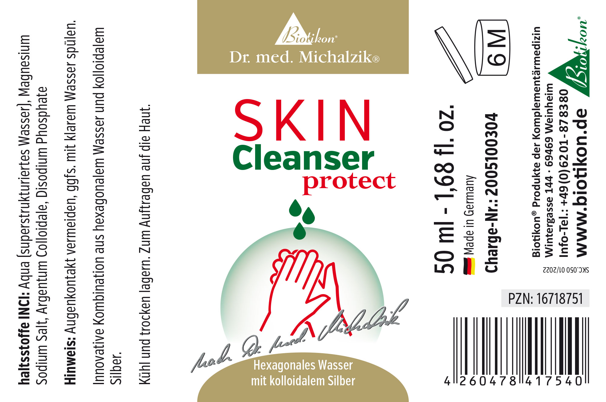 Detergente per la pelle Protect – 50 ml Lozione detergente con acqua esagonale, bottiglia da 50 ml, design bianco, made in Germany.