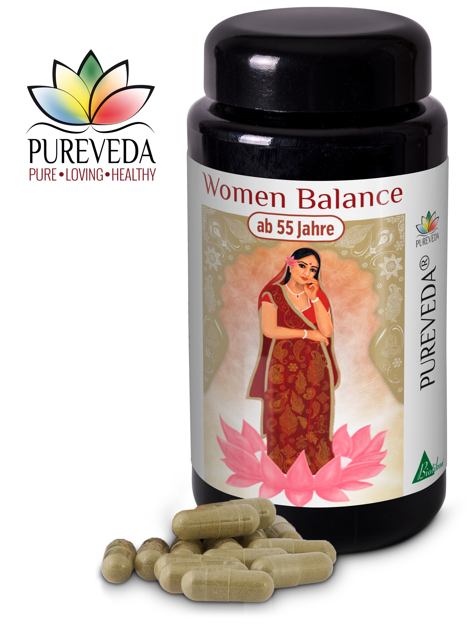 Capsule Equilibrio Donne – dai 55 anni in su Bottiglia in vetro scuro con capsule 'Equilibrio Donne' per donne di 55 anni e oltre, capsule beige visibili.