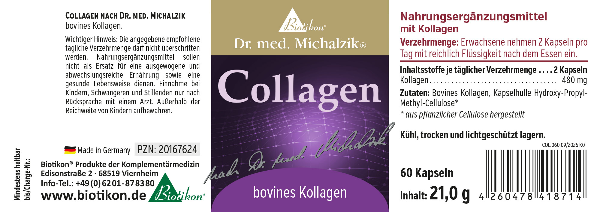 Collagene 480 mg – 60 Capsule Integratore alimentare al collagene, 60 capsule, confezione viola, vista frontale.