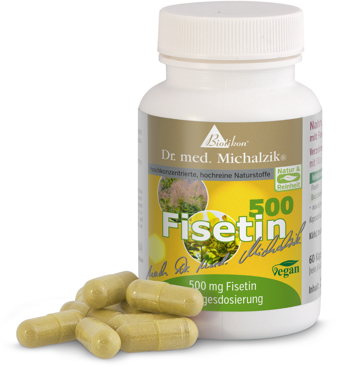 Fisetin 500 mg – Capsule Bottiglia con 60 capsule vegane di Fisetin 500 mg, giallastre, vista laterale.