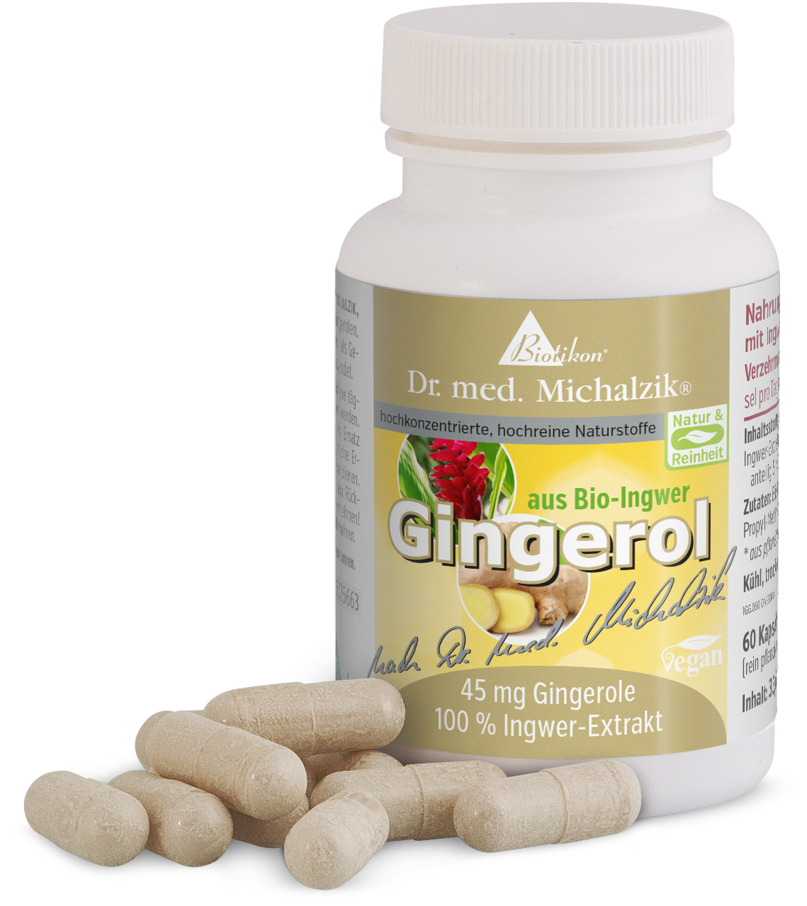 Gingerolo 45 mg – Capsule Bottiglia di capsule di Gingerolo, 60 pezzi, marrone chiaro, da zenzero biologico, forma vegana.