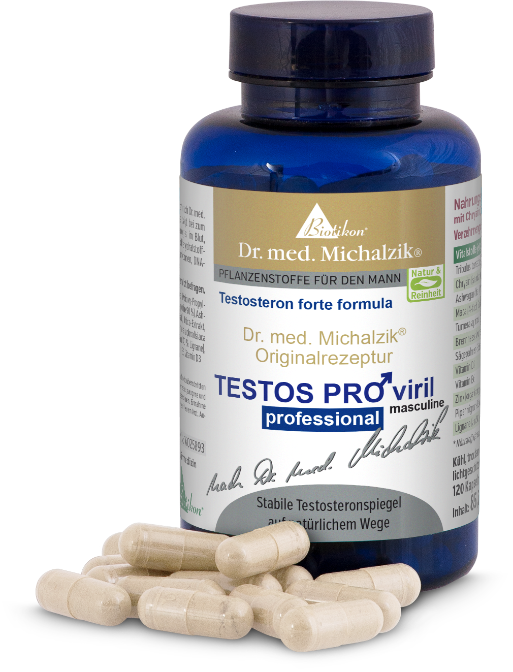 Testosterone Forte 120 Capsule – Dr. Michalzik Bottiglia blu con formula Testosterone Forte, 120 capsule, su sfondo bianco.