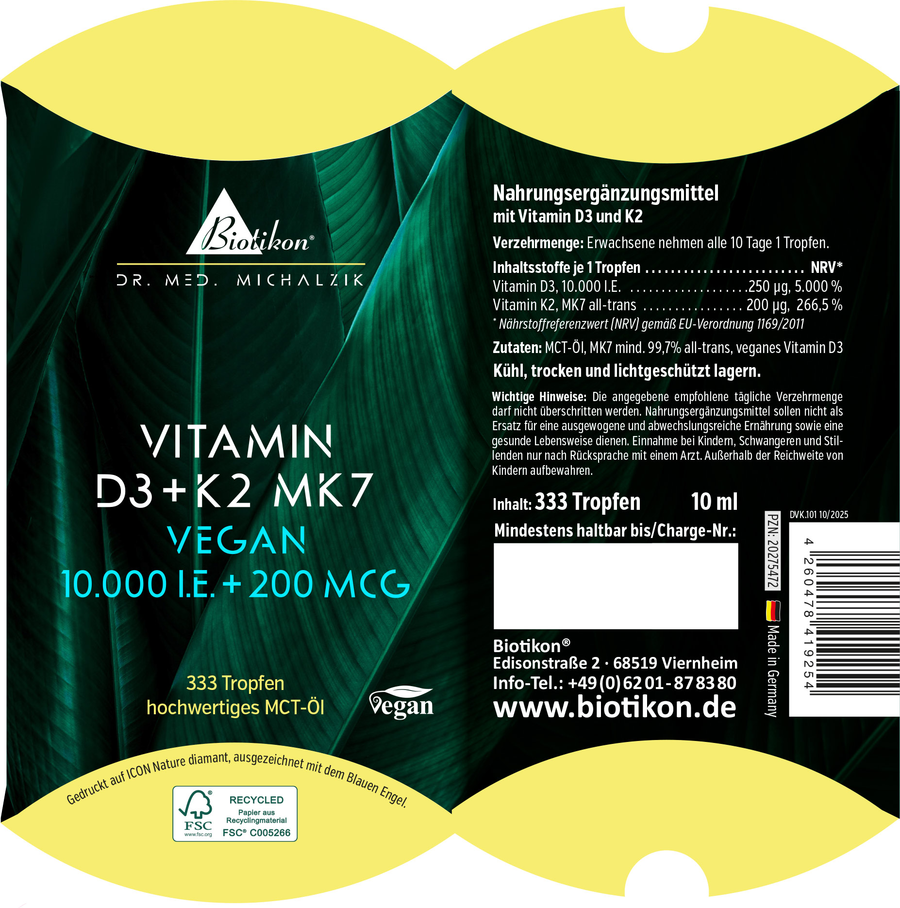 Vitamina D3 + K2 10.000 UI 200 mcg, confezione vegana a forma di cuscino Vitamina D3 + K2 10.000 UI 200 mcg, confezione vegana a forma di cuscino