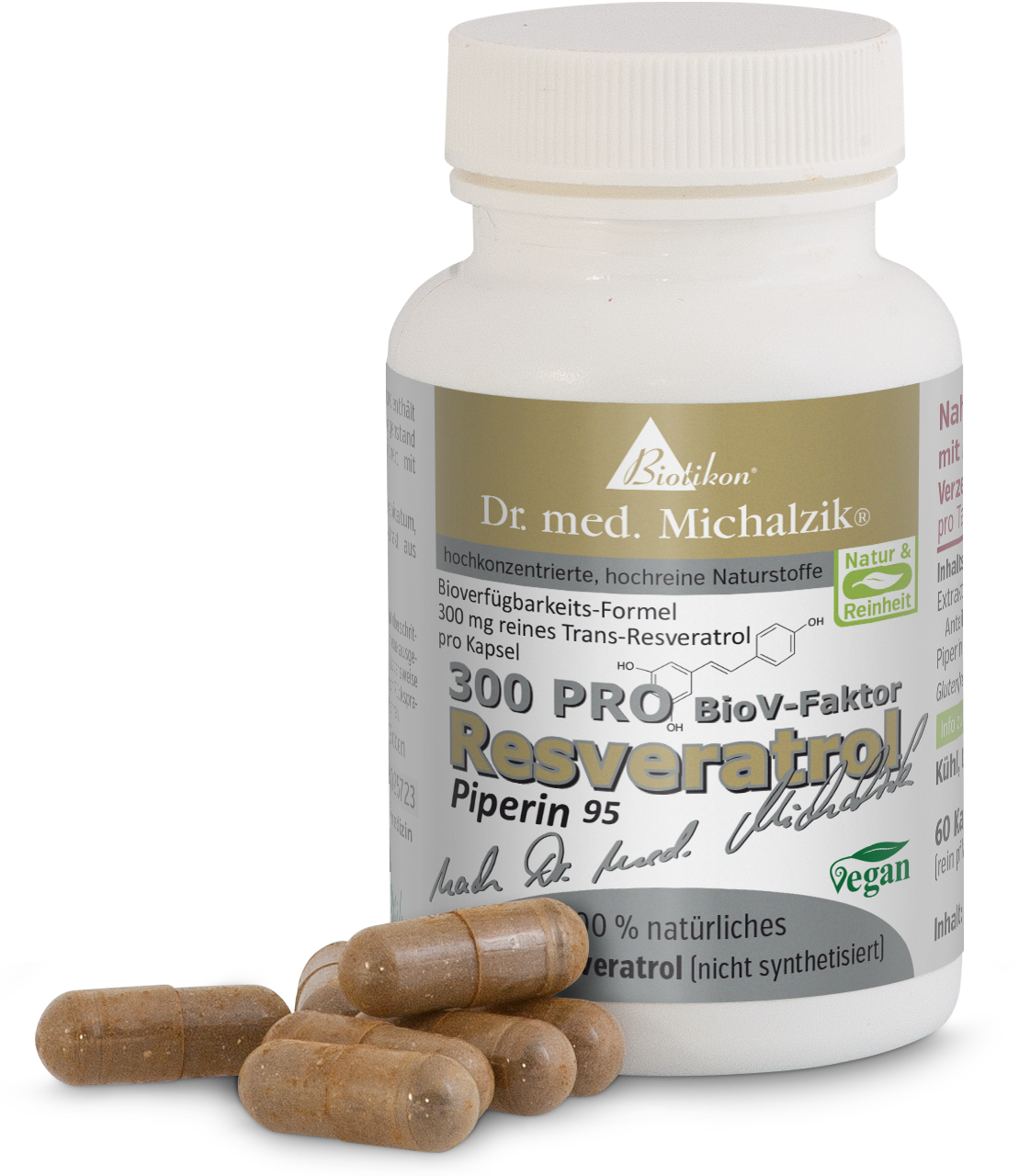 Resveratrolo 300 mg – Capsule Bottiglia con 60 capsule, capsule beige sul tavolo, vegane, con grafiche promozionali.
