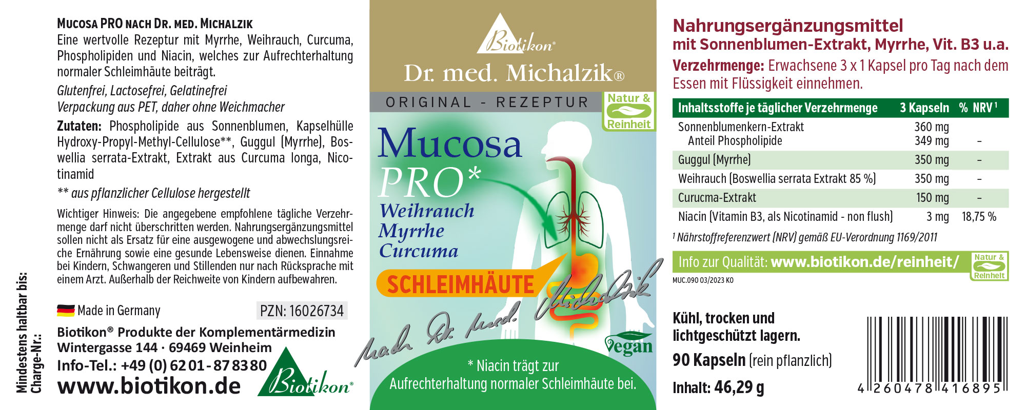 Mucosa PRO 90 Capsule - Mirra, Incenso, Curcuma Integratore in confezione PET, 90 capsule vegane, etichettatura verde e bianca.