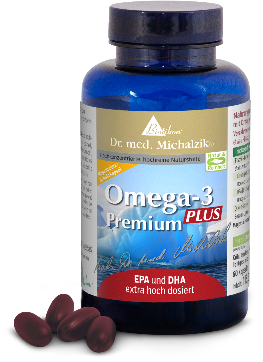Omega-3 Premium PLUS – 60 Capsule Bottiglia blu con 60 capsule, capsule marrone-rossiccio visibili, chiara visibilità dell'etichetta del prodotto.