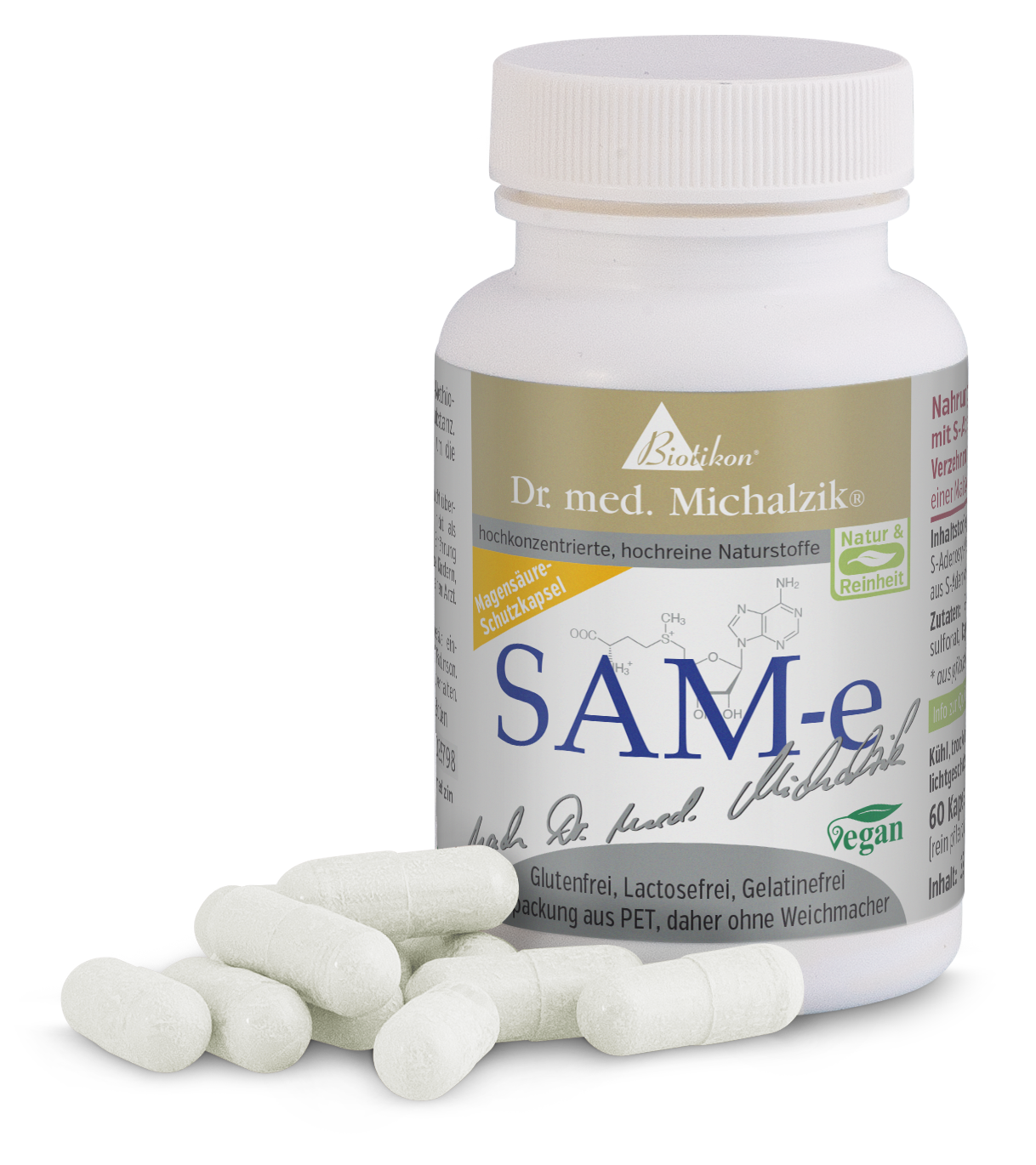 SAM-e 60 capsule – capsule per la protezione dall'acidità di stomaco Capsule biancastre in confezione PET, 60 pezzi, su sfondo chiaro.